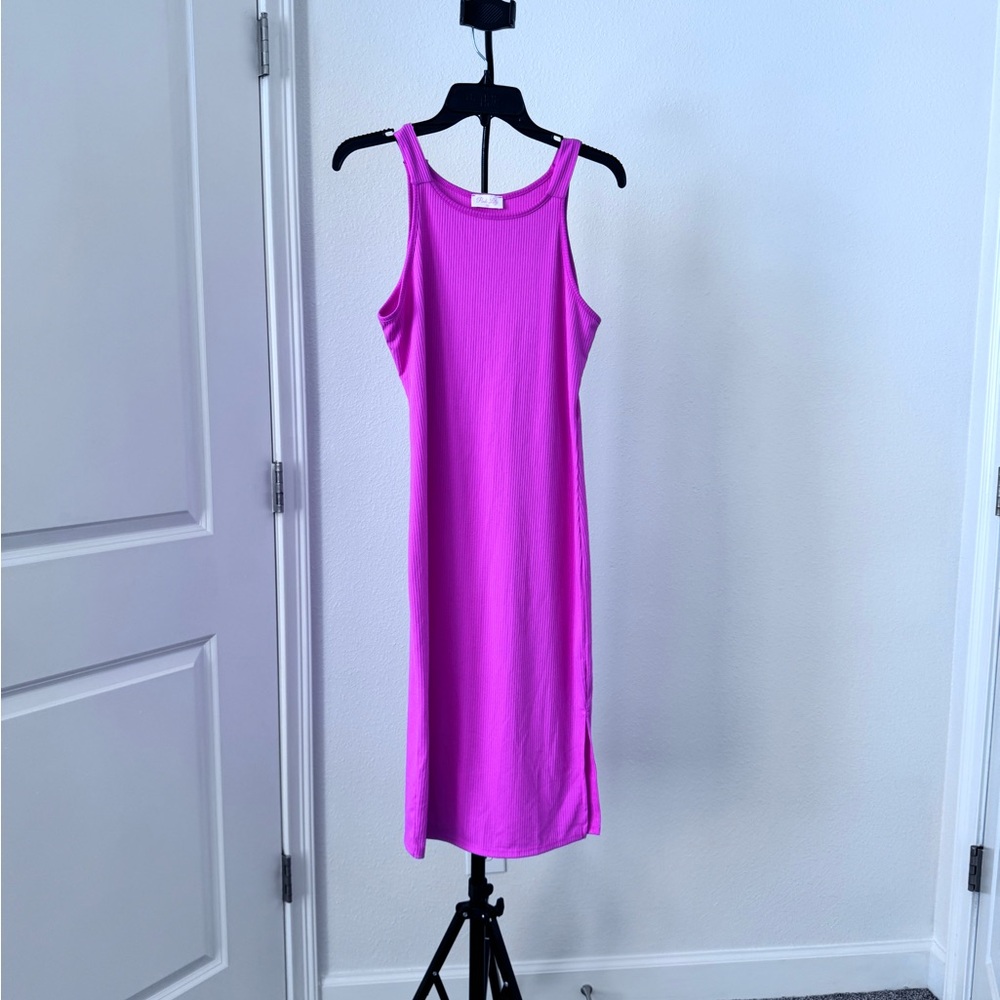 Pink Lily Ribbed Pink Midi Dress